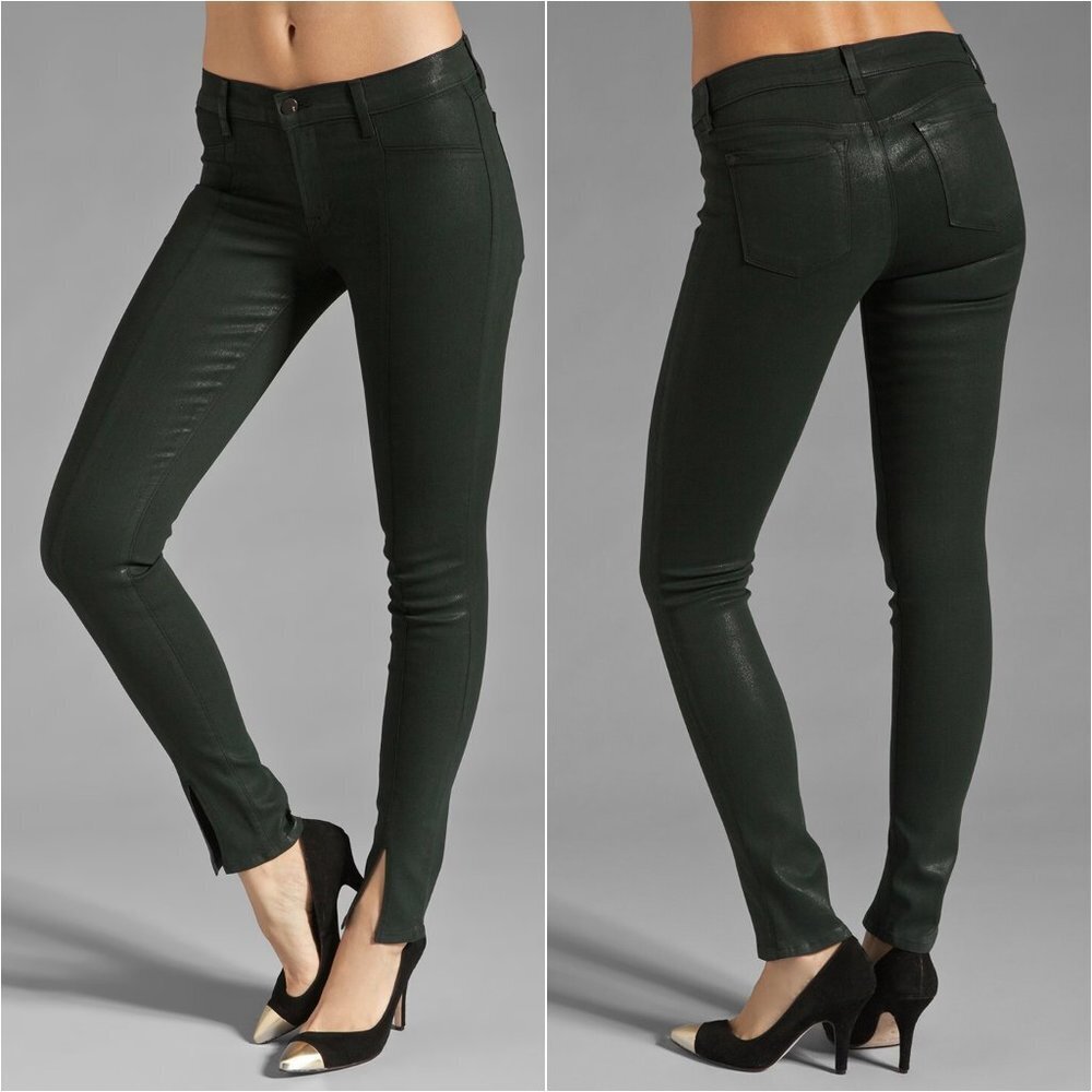 J BRAND Vera Coated Skinny Jeans 28 Slit Hem Front Black Mid Rise